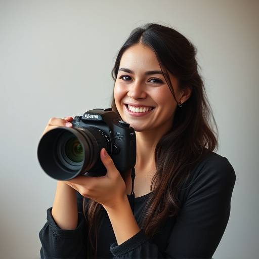 Foto de Sofia Almeida, co-fundadora do estúdio, sorrindo com uma câmera na mão.