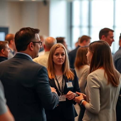 Imagem de um evento corporativo, com pessoas conversando e interagindo.