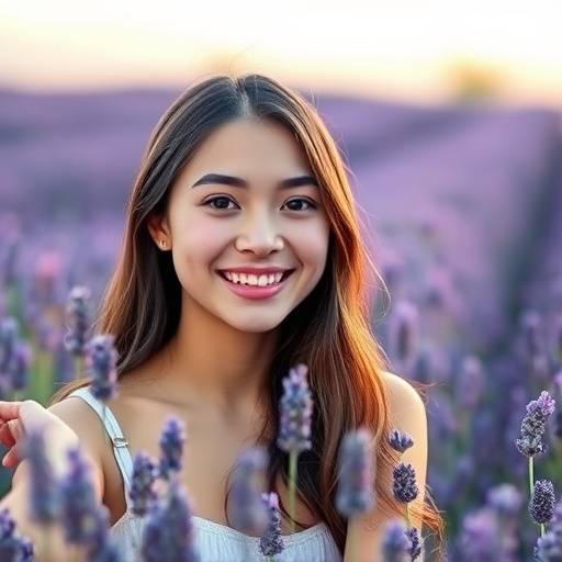 Retrato de uma jovem mulher sorrindo em um campo de lavanda, com luz natural suave.