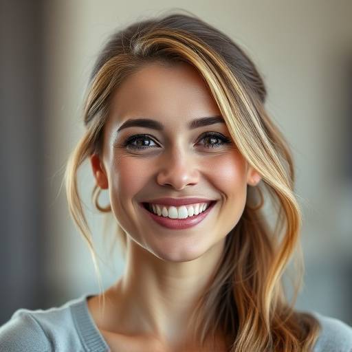 Retrato de uma mulher sorrindo, com iluminação suave e um fundo desfocado.