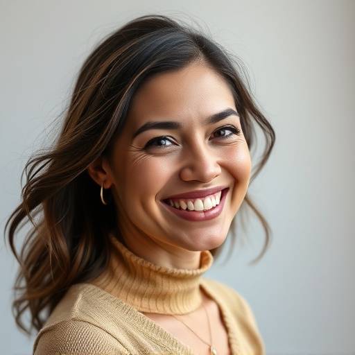 Retrato de uma mulher sorrindo em um ambiente de estúdio com luz suave.